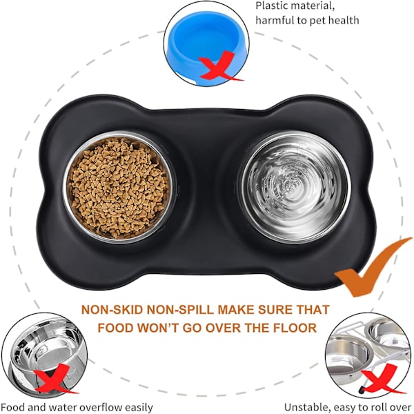 Bonve Pet 2x400ml Hund Katt Skål Dubbel Rostfritt Stål Skål Halkskyddad Bas Anti-overflow Anti-spill Silikonmatta