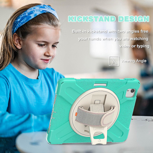 Nytt handrem-designfodral för iPad Air4 10,9 tum med justerbart stativ, pennhållare, fallskyddsskydd（Mintgrön）