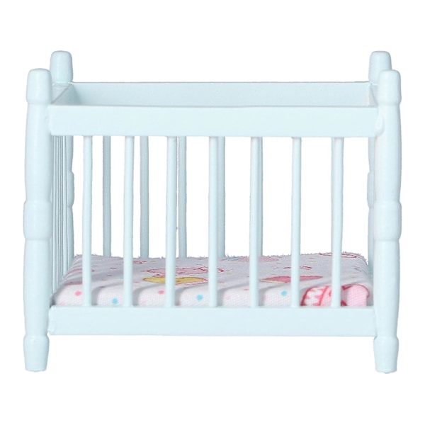 Blå 1:12 skala trädockhus baby crib - DIY miniatyrdockhus möbler tillbehör