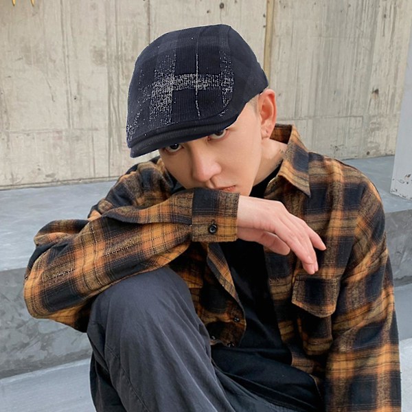 Newsboy Cap Retro Ternet Tyk Blød Åndbar Hold Varmt Komfortabel Efterår Vinter Mænd Baret Flad Hat Til Jagt（Sort）
