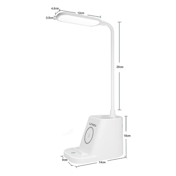 Led-skrivebordslampe med trådløs oplader, øjenvenlige skrivebordslamper til hjemmekontoret med penneholder, bordlampe med 3 lystilstande, 360 fleksibel svanehals, T