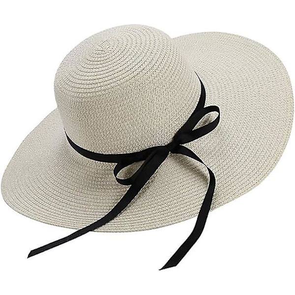 Kvinnors Halmhatt Sommar Bowknot Strand Fällbar Hattar Uv-skydd Bred Brätte Floppy Damer Herrar Halm Solhatt Packable Semester Strand Vit（vit）