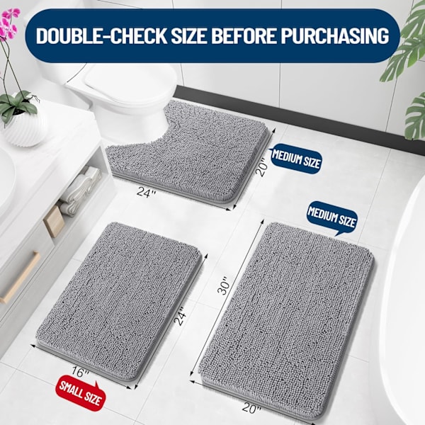 Supermjuk absorberande chenillebadmatta, halkfri snabb torkning maskintvättbar badmatta för badkar och dusch, grå, 24x16