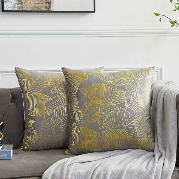 Cover 45 x 45 cm sammetsguld löv kuddfodral grått dekorativt cover plaggkudde för soffa sovrum vardagsrum set om 2