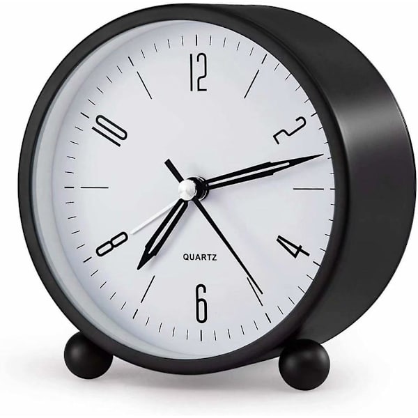 Herrklocka 4 tum rund tyst analog icke-tickande väckarklocka med nattljus batteridriven ultra tyst väckarklocka svart (som visas, svart)