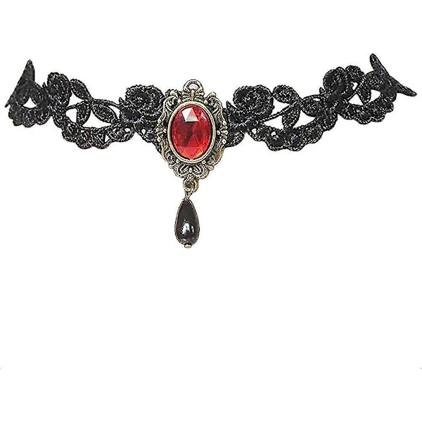 Gothic Black Choker Lace Necklace Royal Court Vampire Choker Necklace Red Rhinestone And Black Teardrop Pendant (red)（red）