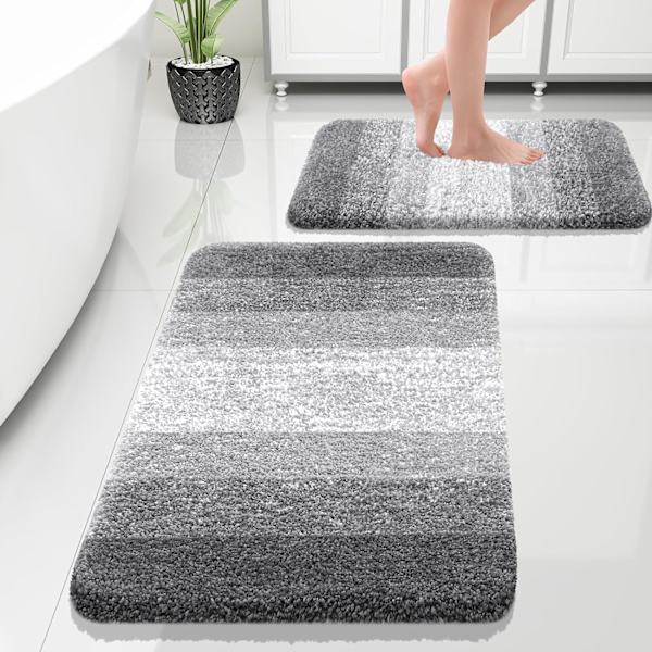Luksuriøst baderomsmatte-sett med 2 deler, mikrofiber baderomsmatte, myk og absorberende, sklisikker stripedesign, maskinvaskbar (30\"x20\"+24\"x16\", grå)