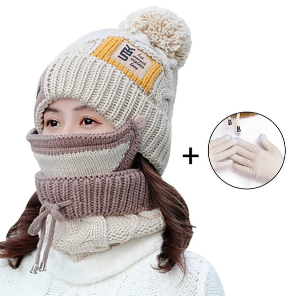 4 st/set Dam vinter ullgarn stickad mössa handskar ansiktsmask varm halsduk
