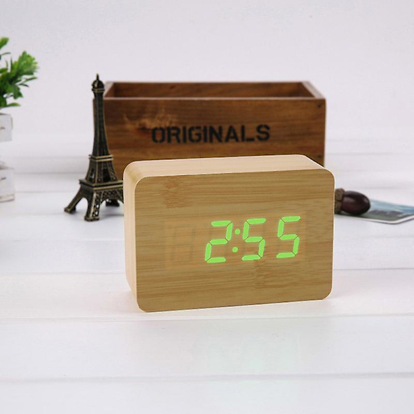 Batteri/USB-laddning LED digital väckarklocka, display temperatur, 3 set med larm och 2 set med larmlägen, 3 ljusstyrkejusteringar (bambuträ)