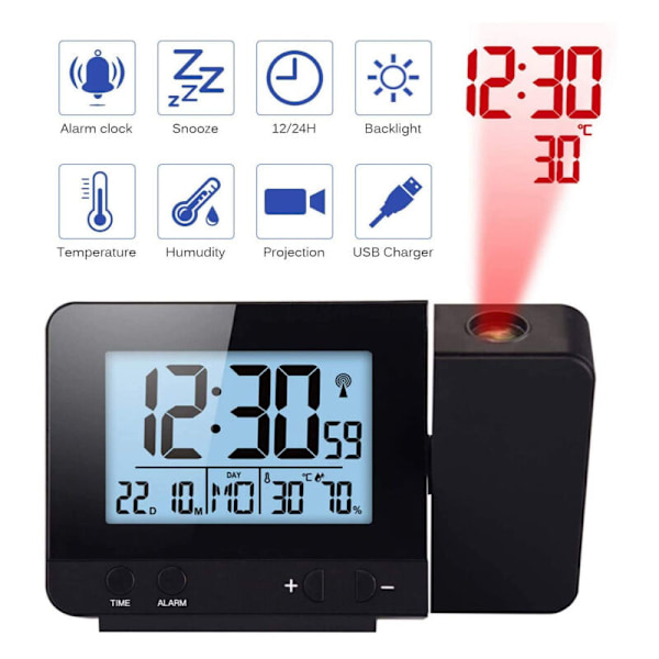 Digital projektionsväckarklocka med temperatur- och tidsprojektion / USB-port / inomhustemperatur och luftfuktighet