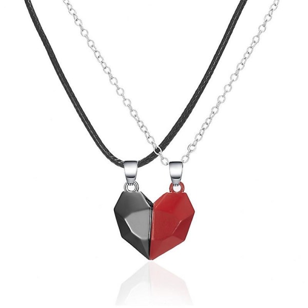 2-pak magnetiske par halskæder par hjerte vedhæng Distance facetteret charme (sort+rød)