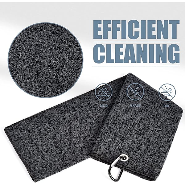 Mikrofiber våffelmönstrad tri-fold golfhandduk | Borste verktygssats med klubbslitsrengörare, infällbar förlängningssladd och klämma, svart