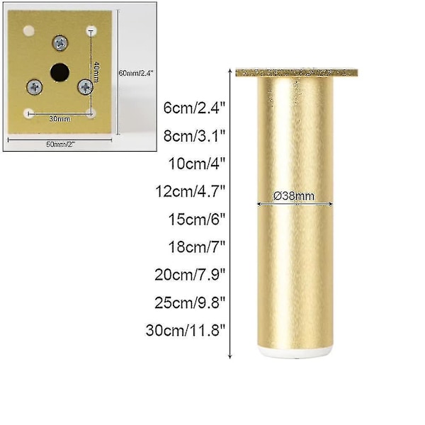 4 kaffebordsben i guld, justerbar höjd, runda rörben, höjd: 6-30 cm bas i aluminiumlegering | anodiserad yta (30 cm)