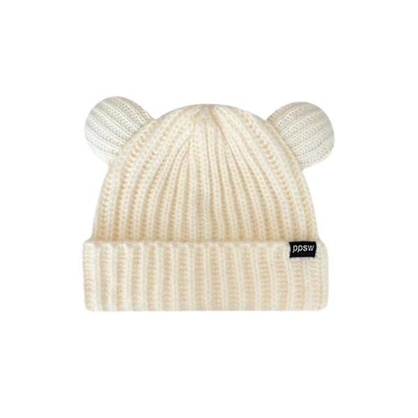 Vintermössa enfärgad stretchig supermjuk vindtät extra tjock håller värmen polyester dam utomhus stickad söt björnöron mössa för flicka (beige)
