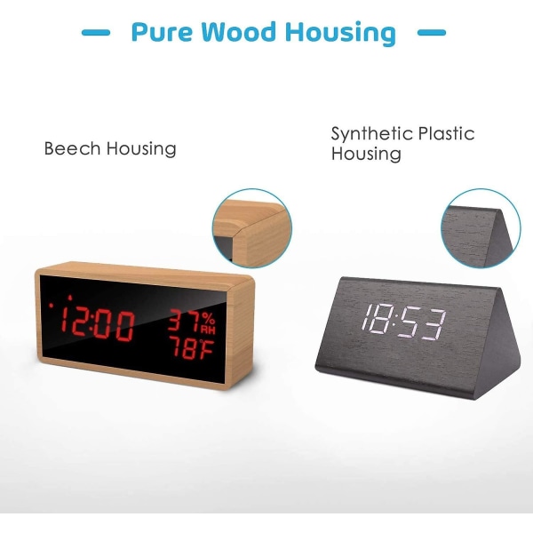 Trädigital väckarklocka, digital klocka med 3 larminställningar, USB-driven elektronisk väckarklocka Snooze väckarklocka, LED-display av tid, temperatur