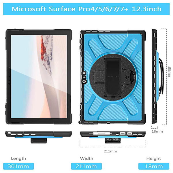 Unik designfodral för Surface Pro 4/5/6/7/7+ med handrem, tangentbordsrem (inget tangentbord), justerbart stativ, kraftigt skyddsfodral, stöttåligt