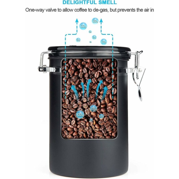Lufttät kaffeförvaring behållare för kaffebönor med CO2-ventil med måttsked 1,8L (svart)