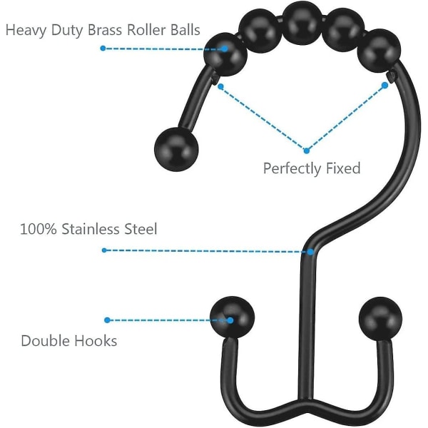 12 ruostumattomasta teräksestä valmistettua suihkurenkaan pidikettä, ruostumattomat metalliset suihkuverhon renkaat musta 3.57.7cm