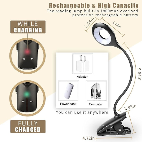 Ladattava langaton LED-pöytävalaisin, kirjanlukuvalo 28 LEDillä, 3 väriä ja 3 himmennettävää, sänkykiinnikevalaisin, musta [energiatehokkuusluokka A+++]