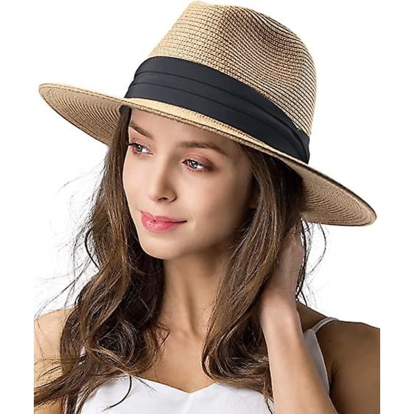 Solhatte til kvinder mænd, justerbar sommer Panama Fedora hat med bred skygge Uv Upf 50+, foldbar, pakkebar strå strandhat (khaki)