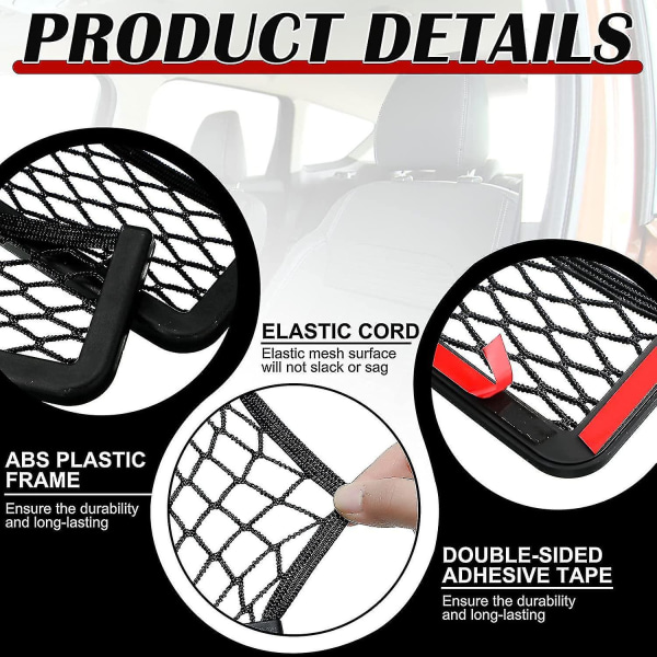 4 stk. bilnettlomme med selvklebende bakside, 6 x 3,2 tommer, nettlomme til bilorganisering, universell bilnettlomme