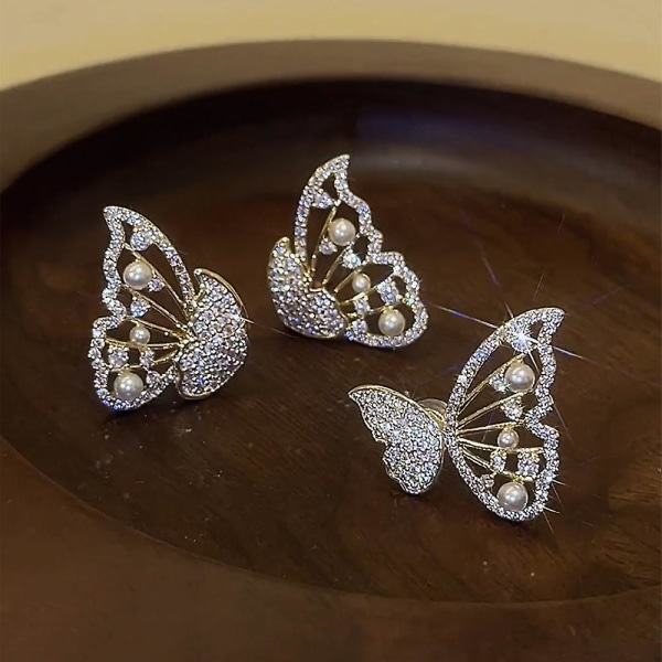 Søde og elegante perle diamant sommerfugl ørestikker til piger damer (2 par)
