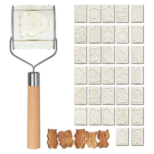 Cartoon Molds Roller Cookie Cutters Set Rolling Barrel 32 Cookies Baking Moulds For Diy Baking Embos