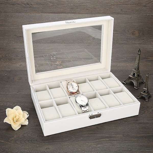 12 Fack PU Läder Klockhållare Armbandsur Displayfodral Smycken Presentförvaringslåda Organizer