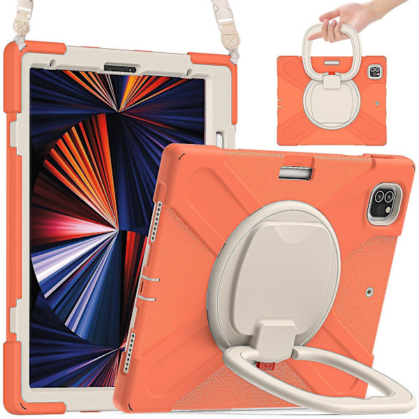 Nytt fodral för iPad Pro 12,9 tum 2021 med axelrem, roterande stativ, pennhållare (korallorange)
