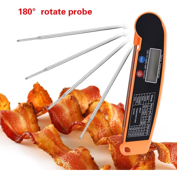 LCD Digital Termometer för Mat med Fällbar Sond, Kök Matlagning BBQ Grill Temperaturmätare Orange