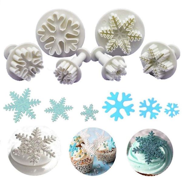 6 stk Fondant Kakeform Snøfnugg Kakeform Ejektor Stempel Kakedekorasjonssett For Kake Kake