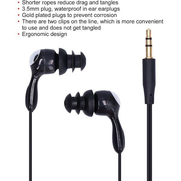 Vattentäta in-ear-hörlurar, benledningshörlurar med utbytbara öronproppar för simning, löpning, surfing (svart)
