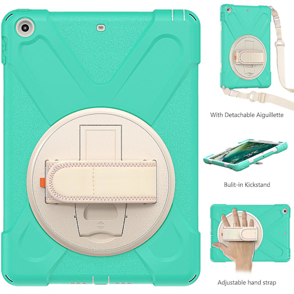 Nytt håndstroppdesign-etui for iPad 9,7 tommer med skulderstropp, justerbart stativ, pennholder, fallbeskyttelsesdeksel (mintgrønn)