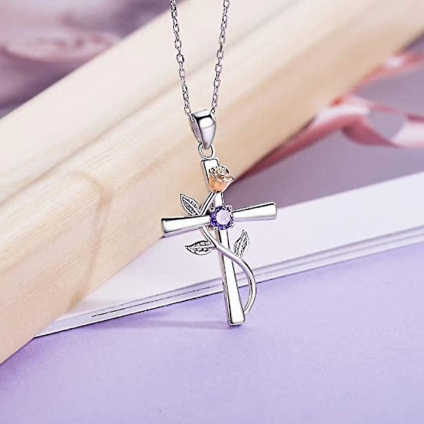 Kvinnors korshalsband 925 Sterling Silver födelsedagsstenhalsband Rose Cross Pendant 5a Cubic Zirconia 12 månader födelsedagspresent till flickvän fru A1