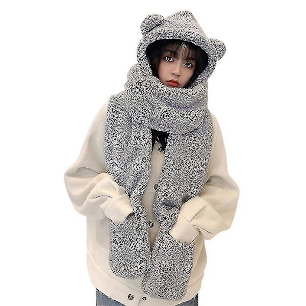 Hmwy-3 I 1 Fleece Söt Björnhuva Halsduk Handskar Fluffig Mjuk Vinter Varma Kvinnor Flicka（Grå）