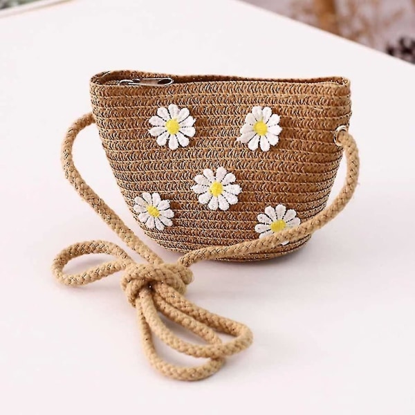 Mdchen Daisy Solhatt Halmhatt Med Axelremsväska Set Sommar Blomma Strandhatt Vågig Bred Solskyddhatt Mössa Mössa För Barn Småbarn Baby