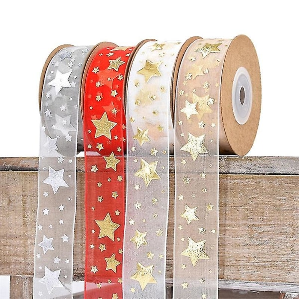 Tryckt band Guld Silver Organza band Bröllopsdekoration Jul（10 Yards，Sliver）