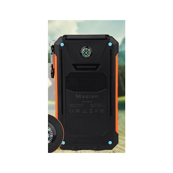20 000 mAh solcellsladdare, bärbar vattentät powerbank med dubbla strålkastare, 7,7 x 14 x 2,2 cm, svart botten, orange kant
