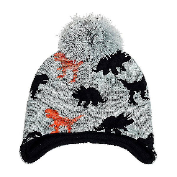 Barnmössa i ull med dinosauriemönster, termisk stickad mössa för pojkar och flickor