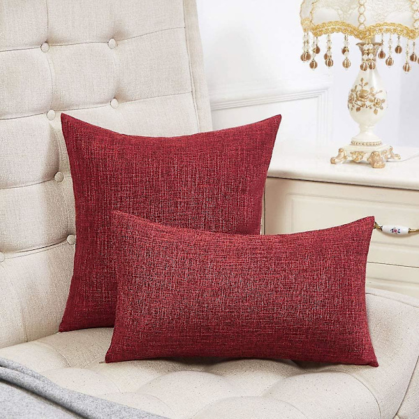 Set med 2 röda vinkuddfodral Rustik linne dekorativa fyrkantiga prydnadskuddfodral 18x18 tum för soffa soffdekoration