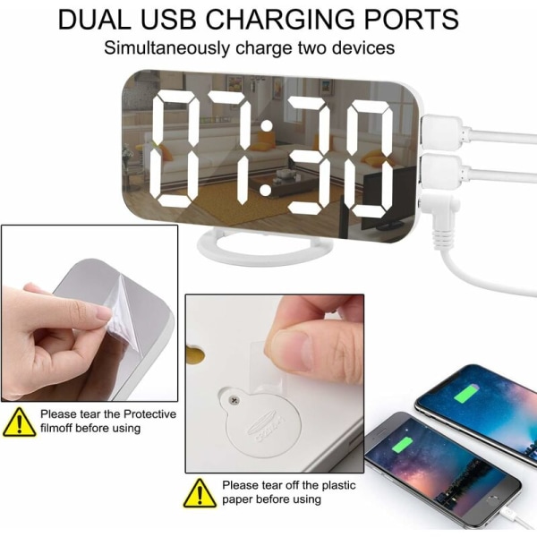Digital väckarklocka LED spegelklocka Snooze-funktion Dimbart nattljus 2 USB-laddningsportar Skrivbordsväckarklocka för sovrumsdekoration (Svart Blå)