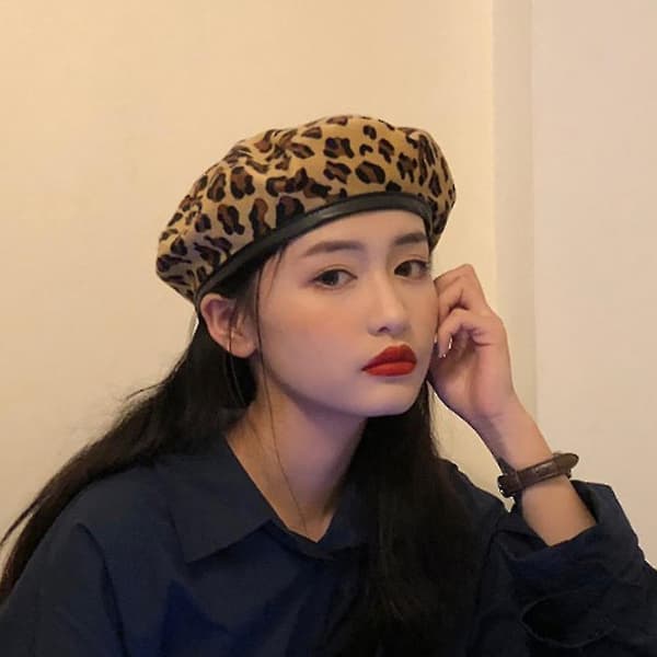 Höst Vinter Vintage Dam Leopard Print Varm Mössa Mössa Slouch Beret Hat
