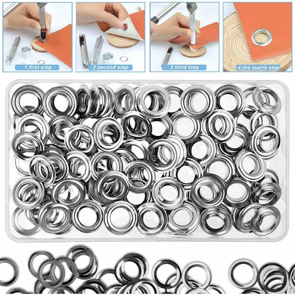 Grommetverktygssats, 10 mm metallgrommetsatser, 100-delad grommetsats, grommetkit för reparation av presenningstält i silver