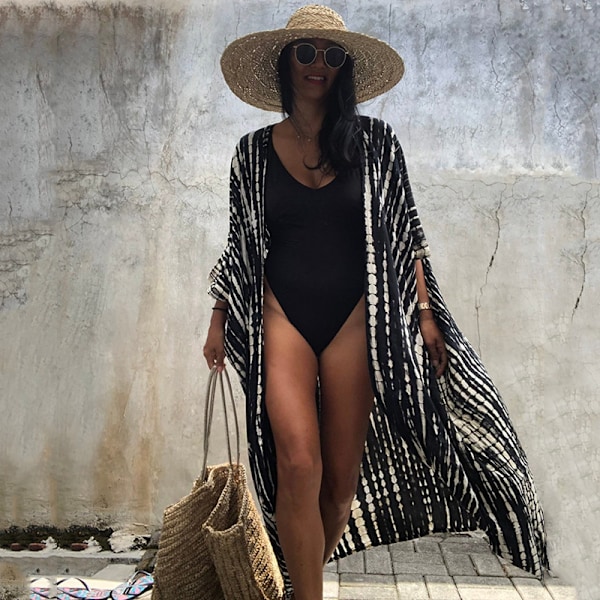 Batikfärgad cardigan strandklänning, bikiniöverdrag, solskyddskläder, semesterklänning, lätt och luftig Black and white