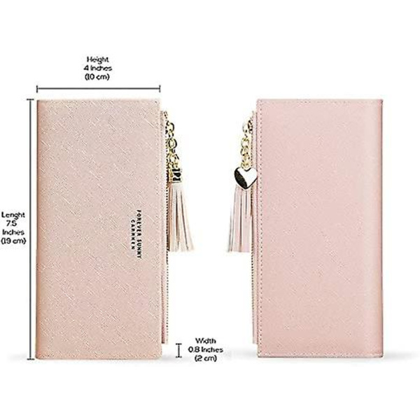 Smal plånbok för kvinnor, damer läder tunn koppling dragkedja plånbok telefon plånbok kortfodral arrangör tofs (rosa)