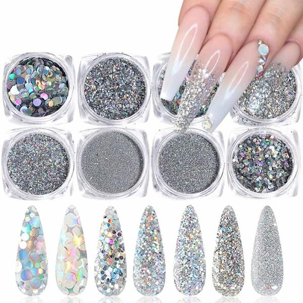 Nagelglitter, Nail Art Glitter 8 lådor Glitterpulver, Nagelglitterpulver Set, Nagelpulver för Nail Art och Nageldesign MODOU