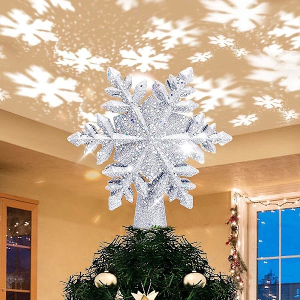 Julgransprydnad med vit snöflingsprojektor, LED-roterande snöflingsprojektor, 3D-blixtljus silver snöflinga trädtopp för jul
