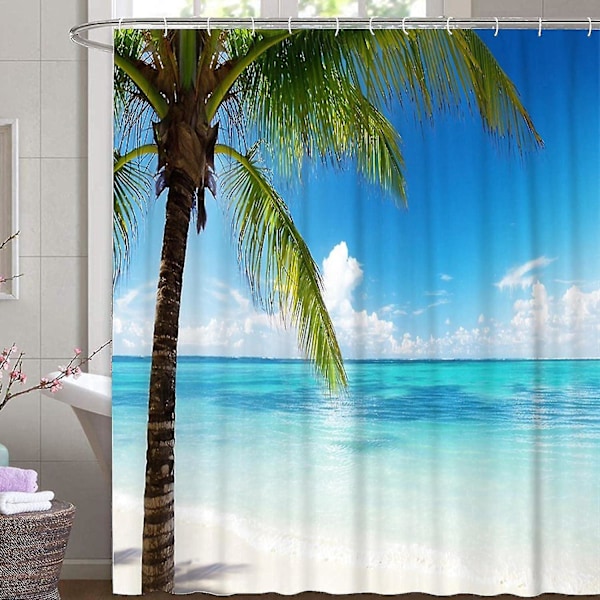 180x180 Design Shower Curtain Tropical Sea Palm Trees Beach Textile Sky Cloud Mildew Resistant Curta