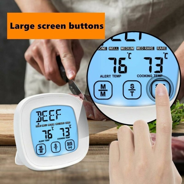 Digital kötttermometer med pekskärm, grilltermometer, ugnstermometer, kökstermometer, mattermometer, röktermometer, matlagningstermometer, bakljus, timer, matlagningslarm