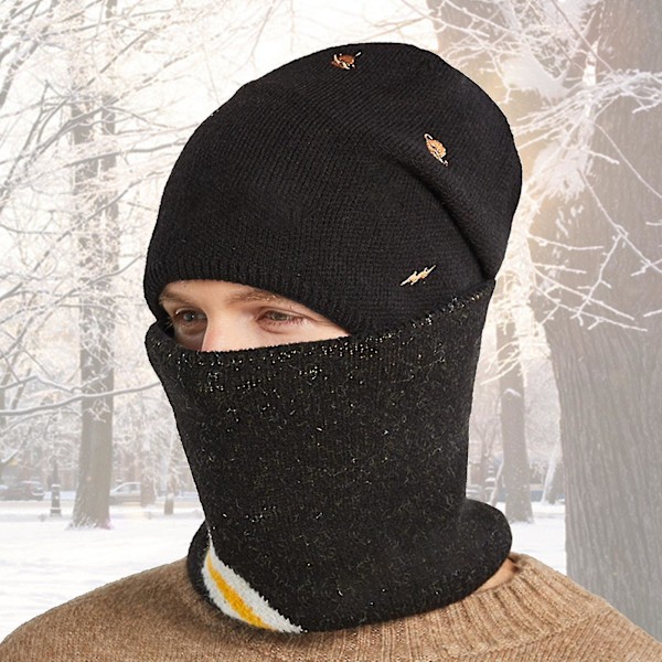 Halsduk Set Broderi Varm All-match Plysch Stickad Mössa För Vinter（Svart）
